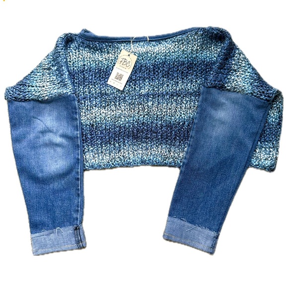 Handmade Reworked FBC Studio Oversized Blue Cropped Knit Top, Denim Sleeves L/XL - Picture 6 of 7